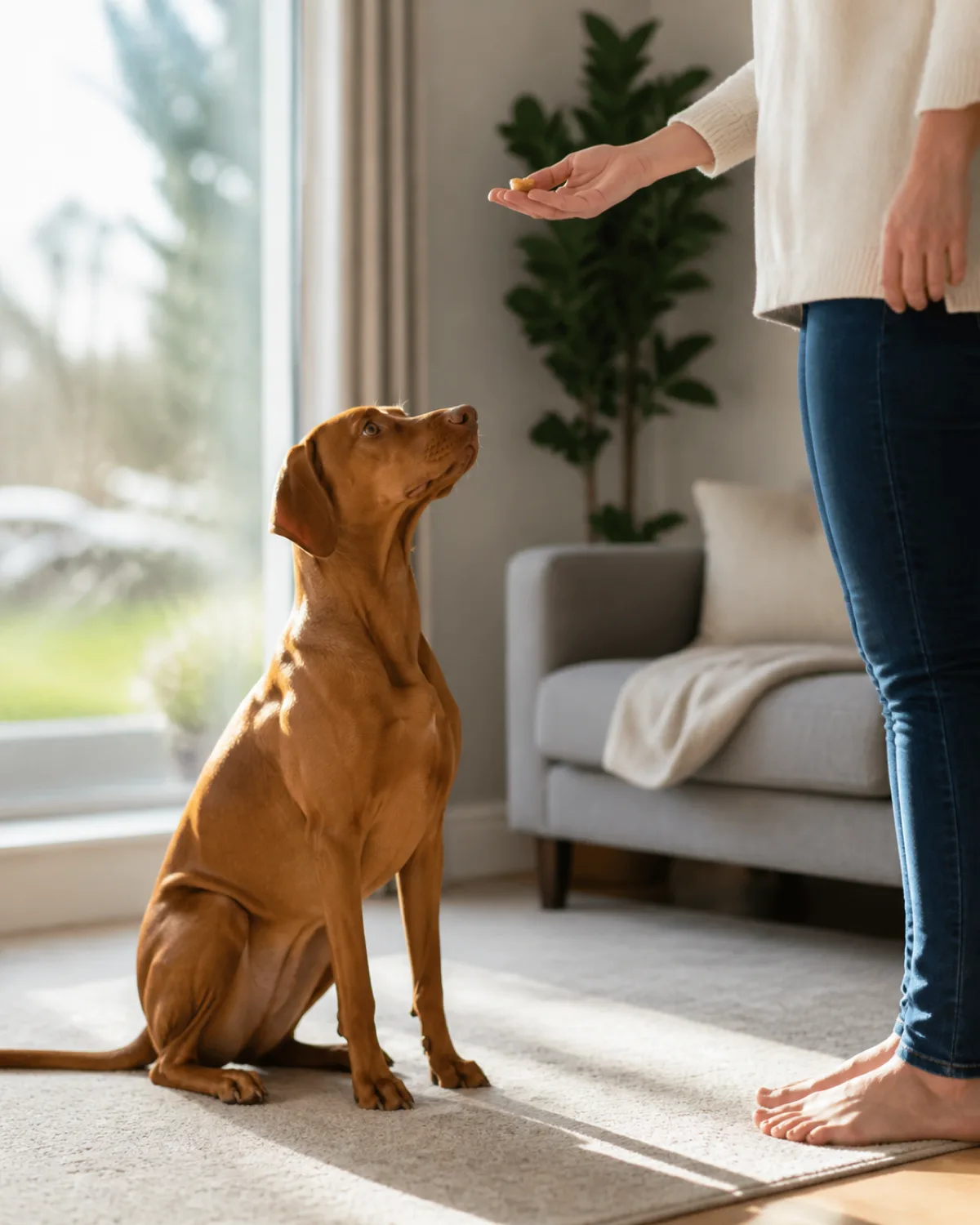 a medium-large sleek dog with a uniform rusty golden-brown short coat and floppy ears in a perfect stay position on a living room floor looking up at a person standing two steps away with a small treat in their open palm in bright natural light