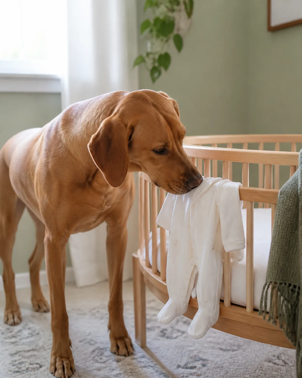 a medium-large sleek dog with a uniform rusty golden-brown short coat and floppy ears gently sniffing a small white onesie draped over the edge of a wooden bassinet in a bright nursery with pale sage walls and soft window light