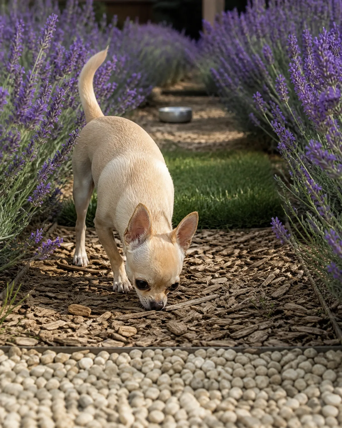 a tiny dog with an apple-domed head oversized erect ears large round eyes and a short fawn coat walking along a narrow garden path that alternates between pea gravel wood chips and short grass sniffing the wood chip section curiously with tail up and low lavender plants on both sides in soft afternoon light