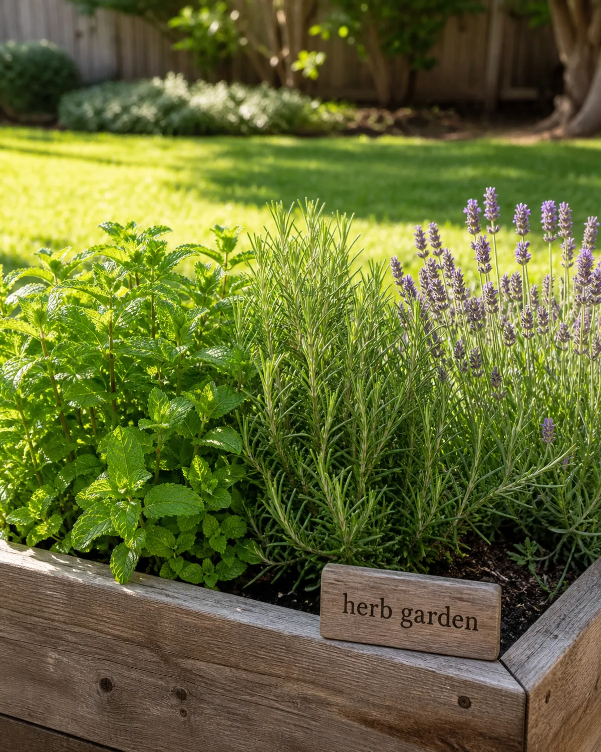 a raised wooden garden planter box in a sunny backyard filled with lush green herb plants including mint rosemary and lavender with sunlight on the leaves and a small wooden marker sign on the edge and a blurred green lawn and wooden fence in the background