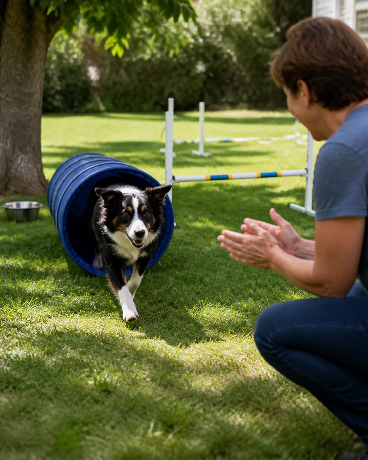 a medium athletic dog with a black-and-white coat white blaze collar and chest medium fur semi-erect ears and an intense gaze bursting out of a collapsible nylon tunnel on a backyard grass lawn with low jump bars in the background and a person crouching ahead clapping hands in bright outdoor daylight