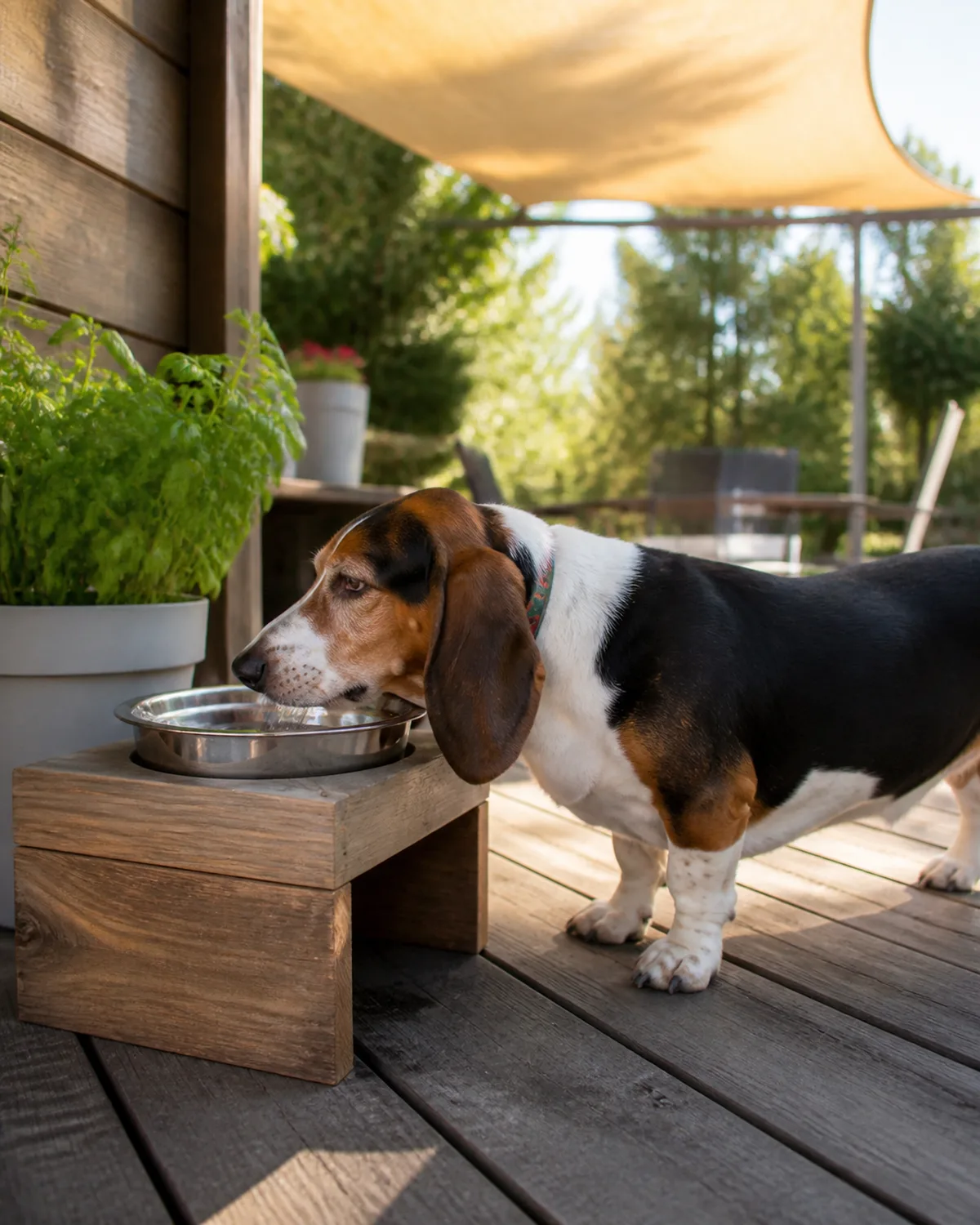 a small sturdy tricolor black white and tan short-coated hound with long low-set floppy ears standing beside a wooden elevated water station on a backyard deck drinking comfortably from a stainless steel bowl without bending its neck with a small potted plant beside the station in warm afternoon light