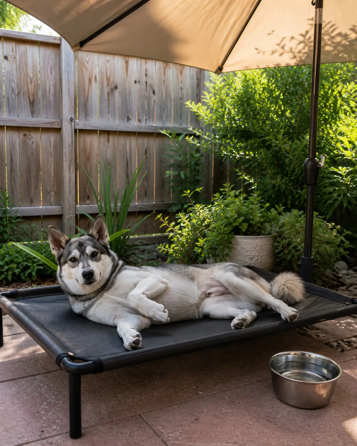 a medium athletic double-coated dog with grey-and-white coat and a symmetric darker facial mask erect triangular ears and a bushy tail lying on its side with belly partially up on an elevated mesh dog cot under a large patio umbrella in a quiet backyard corner with front paws relaxed a water bowl nearby and soft green plants and wooden fence in the background in golden afternoon light