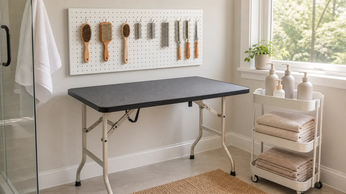 a bright clean bathroom corner converted into a tidy home dog grooming station with a sturdy folding table covered in a textured non-slip grey rubber mat a wall-mounted pegboard holding brushes and combs on hooks and a small rolling cart beside it with towels and bottles warm natural light from a window
