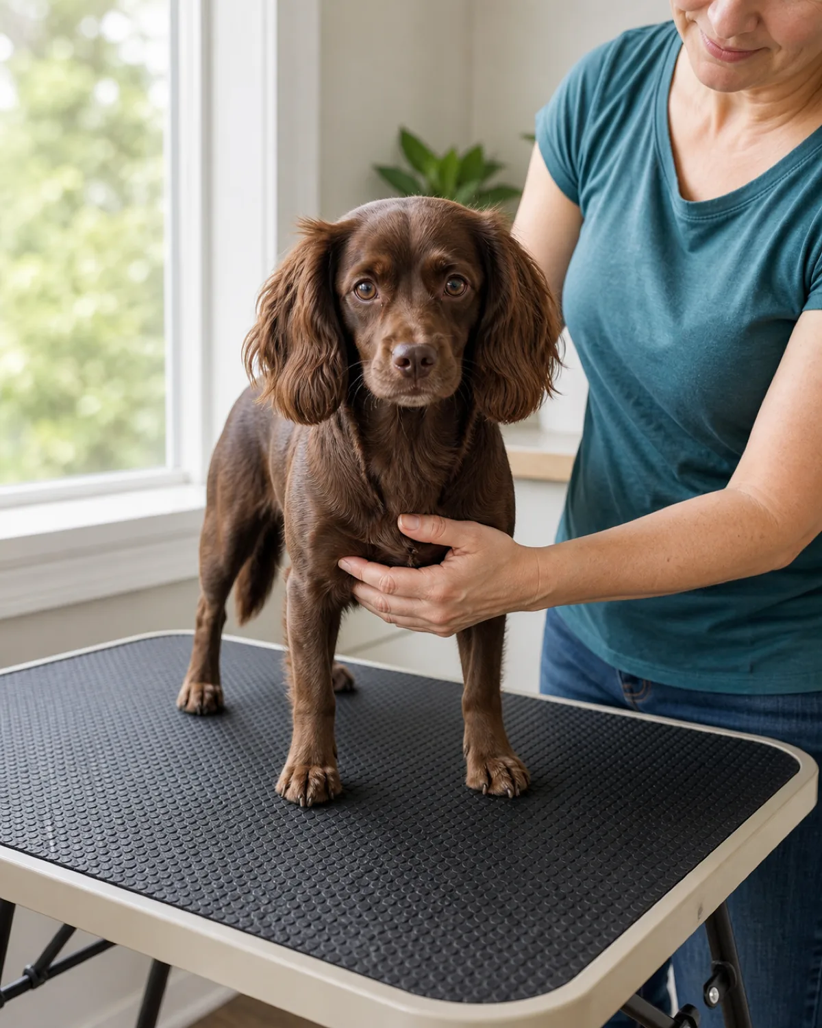 a small smooth chocolate-brown dog with long floppy ears and soulful dark eyes standing on a folding table covered with a thick non-slip rubber mat with the dogs four paws clearly planted on the textured surface and a person standing beside the table at waist height with one hand steadying the dog gently under the chest bright natural light from a nearby window