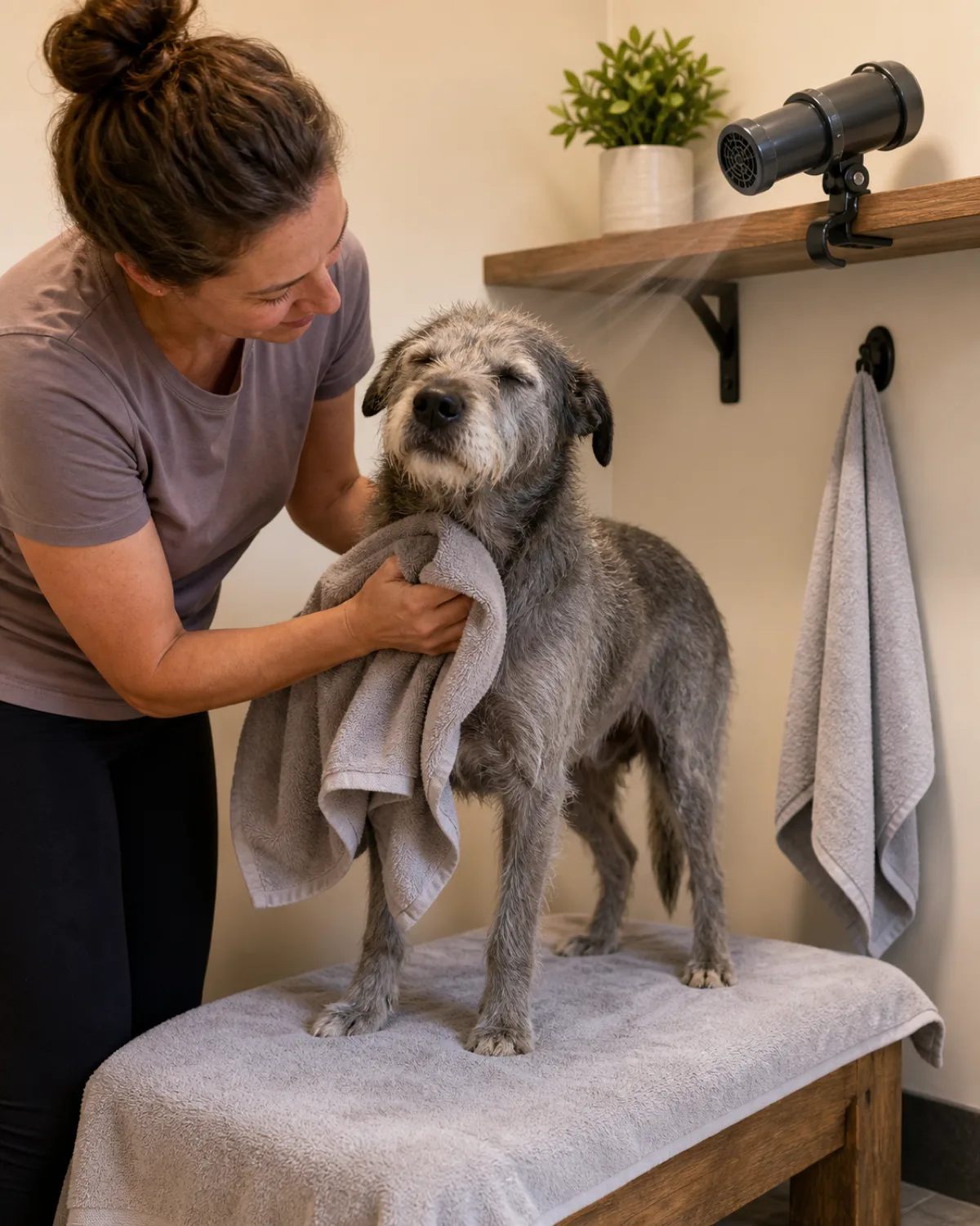 a medium silver-grey dog with a wiry short coat and expressive amber eyes standing on a towel-covered low bench while a person dries its chest with a large microfiber towel with a wall-mounted hook beside them holding a second dry towel and a clip-on dryer attached to a shelf blowing warm air at low speed the dog looking relaxed with half-closed eyes bright warm light