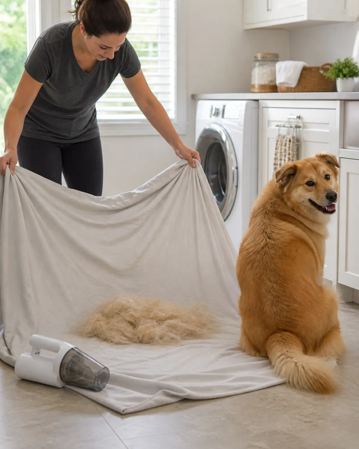 a person holding open a large old bedsheet draped around a grooming area on the floor with loose dog fur clumps on the sheet a cordless handheld vacuum sitting nearby ready to use and a medium tawny-gold dog with a thick double coat and a broad face sitting just outside the sheet looking back at the cleanup with a content expression bright laundry room light