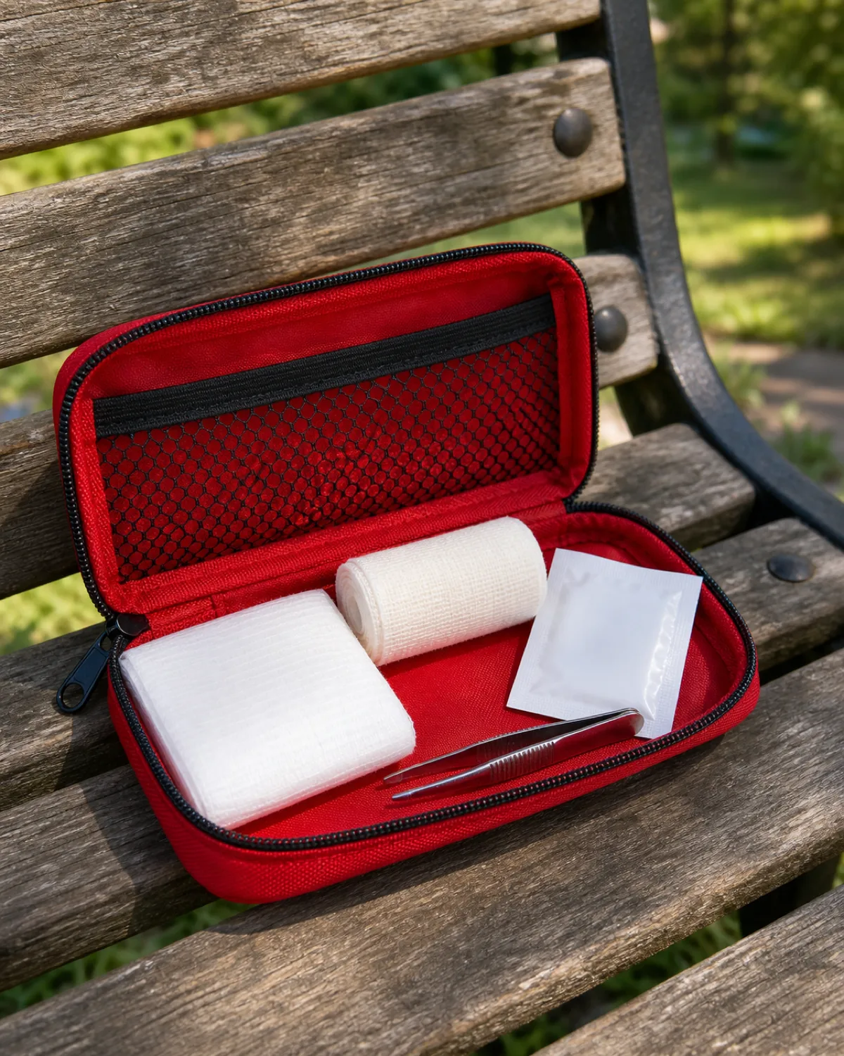 a small zippered red first aid pouch lying open on a park bench showing basic supplies inside a gauze pad a roll of self-adhesive bandage a small packet of antiseptic wipes and a pair of tweezers bright outdoor light