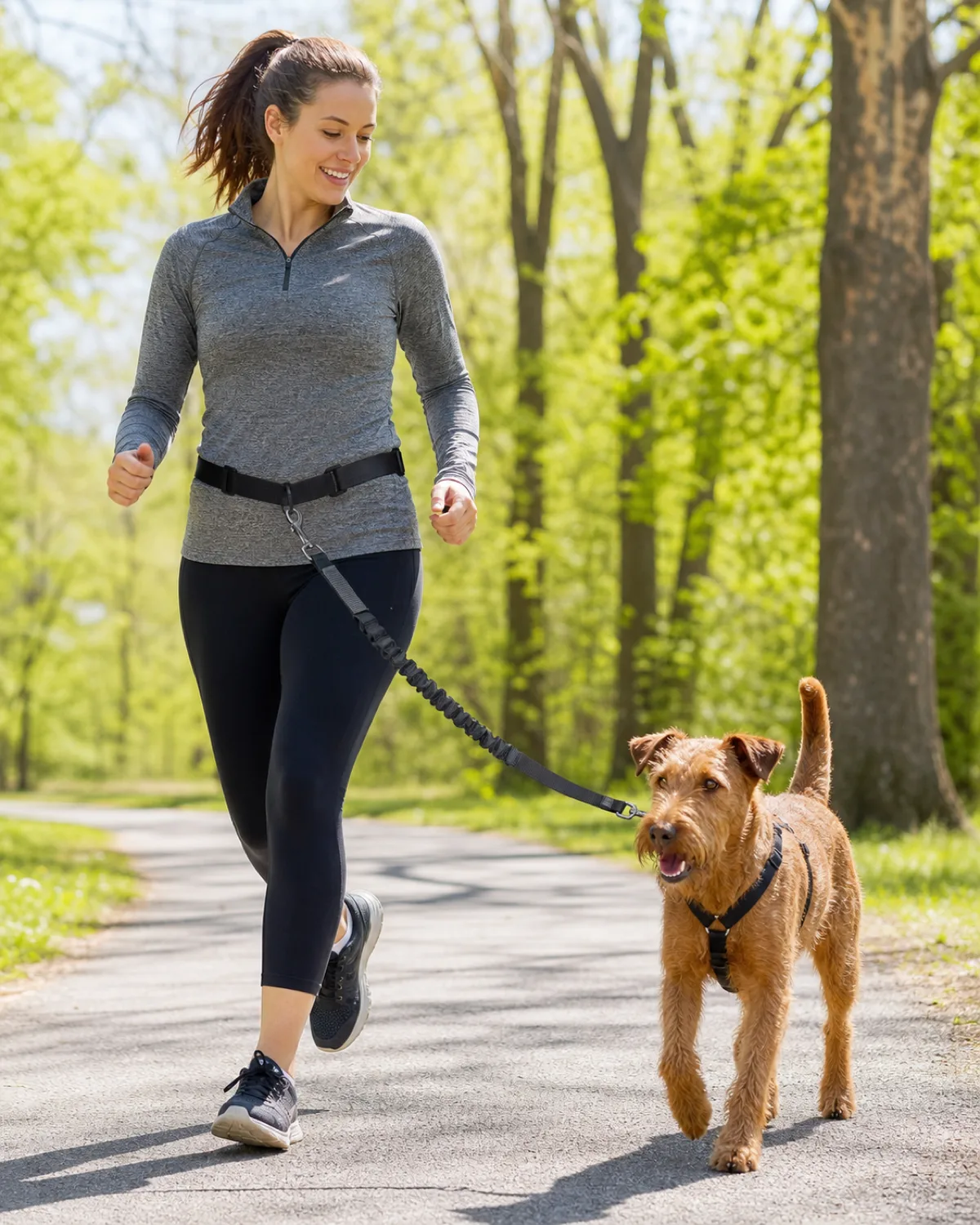 a person jogging on a paved park path with a medium copper-red wiry-coated dog with bushy eyebrows and a bearded muzzle running beside them connected by a waist-belt leash with a bungee section both moving together in stride the persons hands free and swinging naturally bright morning light
