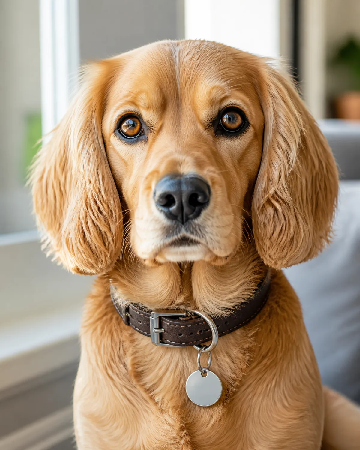 a close-up of a medium golden-tan dog with soft floppy ears warm amber eyes and a velvet muzzle wearing a dark brown leather collar with a shiny round silver ID tag clearly visible hanging from the D-ring the dog looking calmly at the camera bright natural indoor light near a window