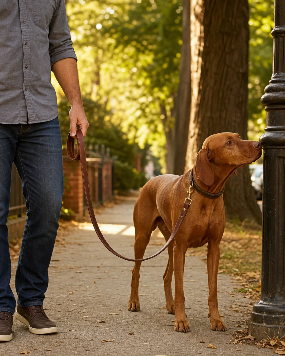 a large russet-red dog with a glossy smooth coat long floppy ears and a deep chest walking on a quiet tree-lined sidewalk beside a person holding a standard six-foot brown leather leash with comfortable slack forming a J-curve the dog sniffing a lamp post warm golden hour light