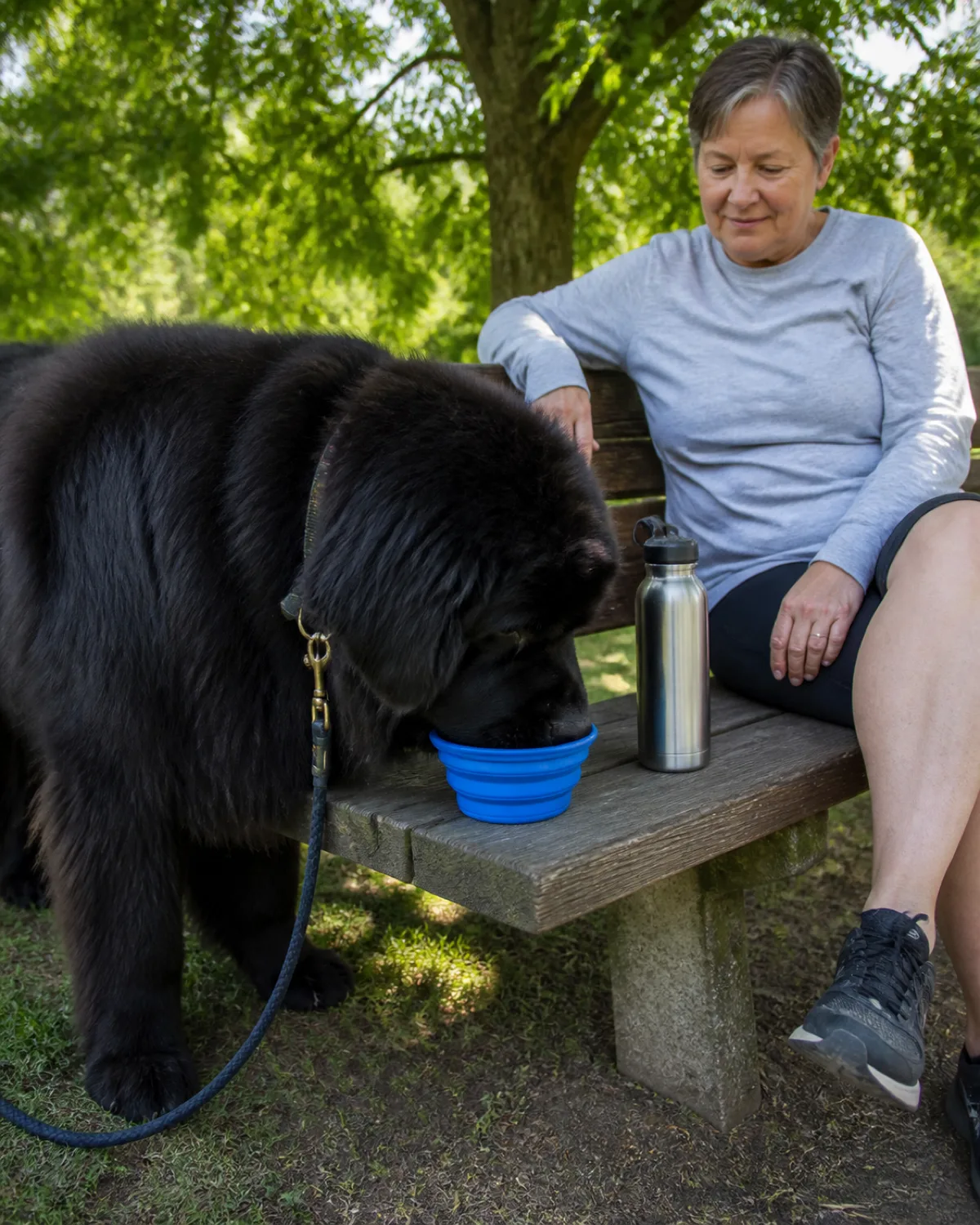 a large solid-black dog with a thick double coat broad head and gentle dark eyes drinking from a bright blue collapsible silicone bowl placed on a park bench a stainless steel water bottle standing beside the bowl the person sitting on the bench watching dappled shade under a tree