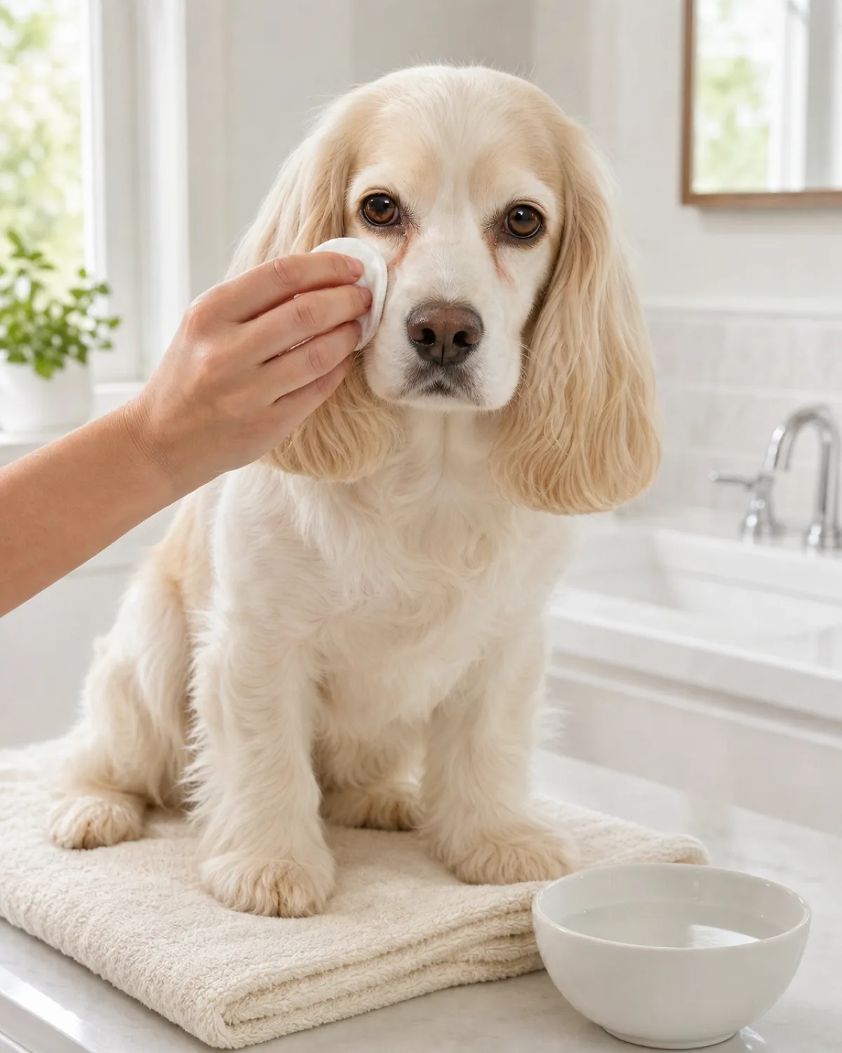 a human hand holding a soft white cotton pad gently wiping below the eye of a medium dog with a silky white-and-lemon flat coat large gentle brown eyes and long silky ears sitting on a bathroom counter with a folded cream towel underneath