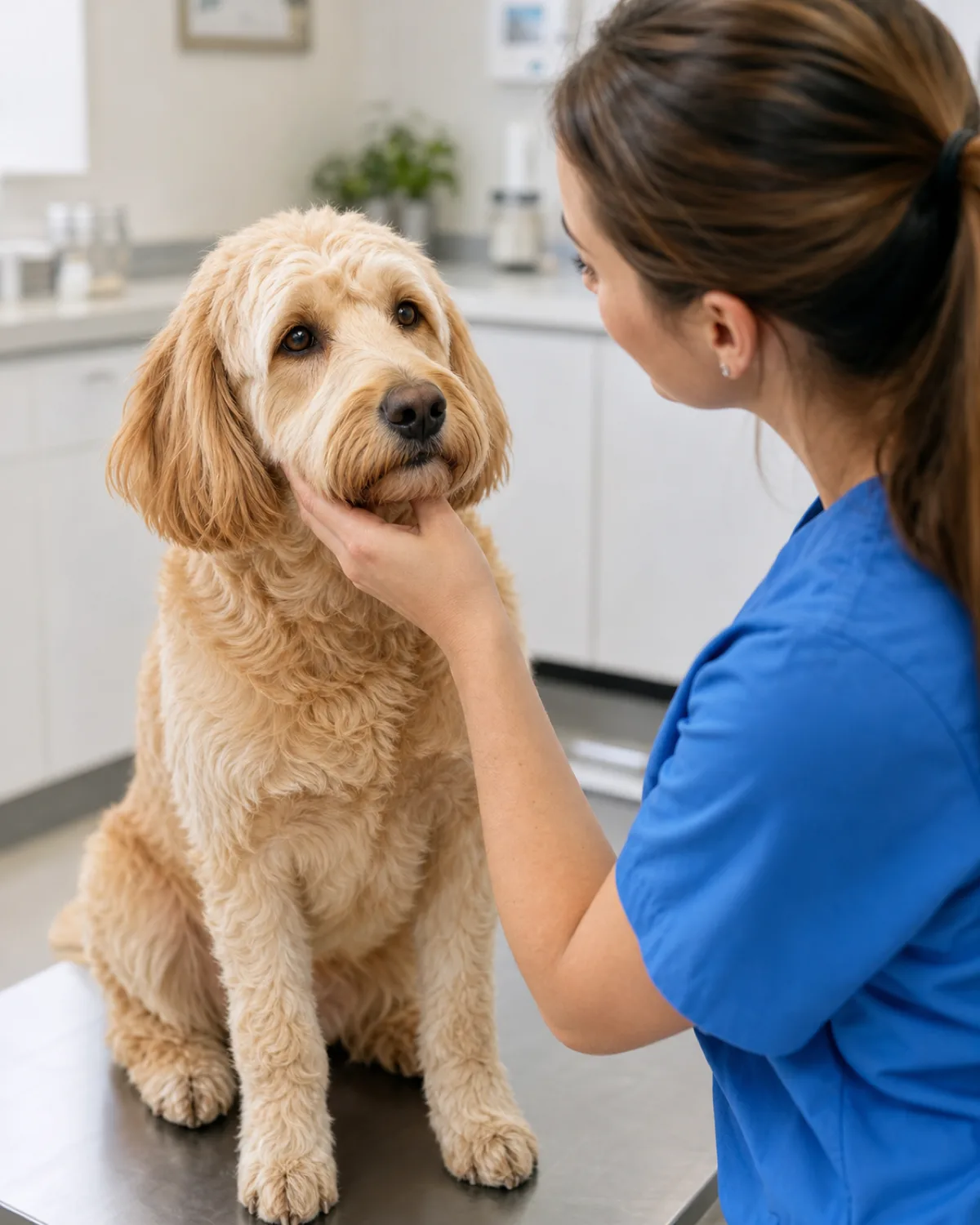 a medium dog with a light golden wavy coat warm brown eyes and floppy ears sitting calmly on a veterinary examination table with a vet hand gently cradling the dog chin looking at the eye area from a respectful distance