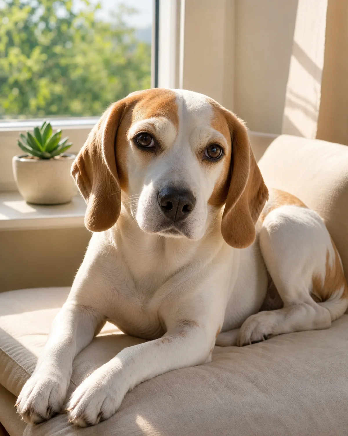 a medium dog with a white-and-tan smooth coat with tan patches over the eyes floppy hound-type ears and a gentle expression lying on a sunny window seat with a cream cushion with the face area below the eyes looking clean and bright
