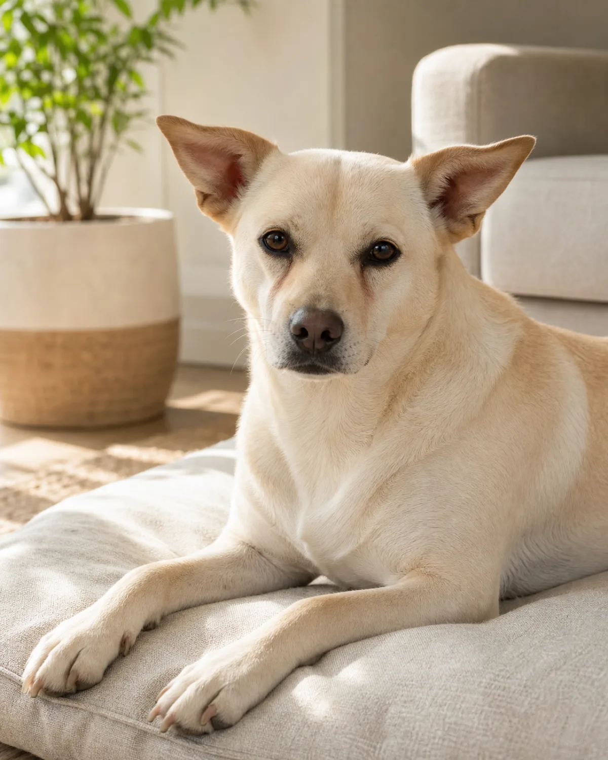 a medium cream-colored short smooth-coated dog with gentle dark eyes and semi-erect ears lying on a soft cream linen cushion in a bright living room with faint brown marks visible below each eye