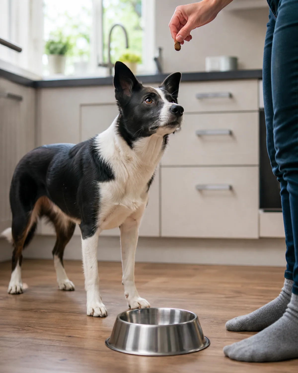 a medium athletic dog with a black-and-white coat with white blaze collar and chest medium fur semi-erect ears and an intense gaze standing alert in a kitchen eyes locked on a person holding a treat above an empty stainless steel food bowl on the floor morning light streaming through kitchen window