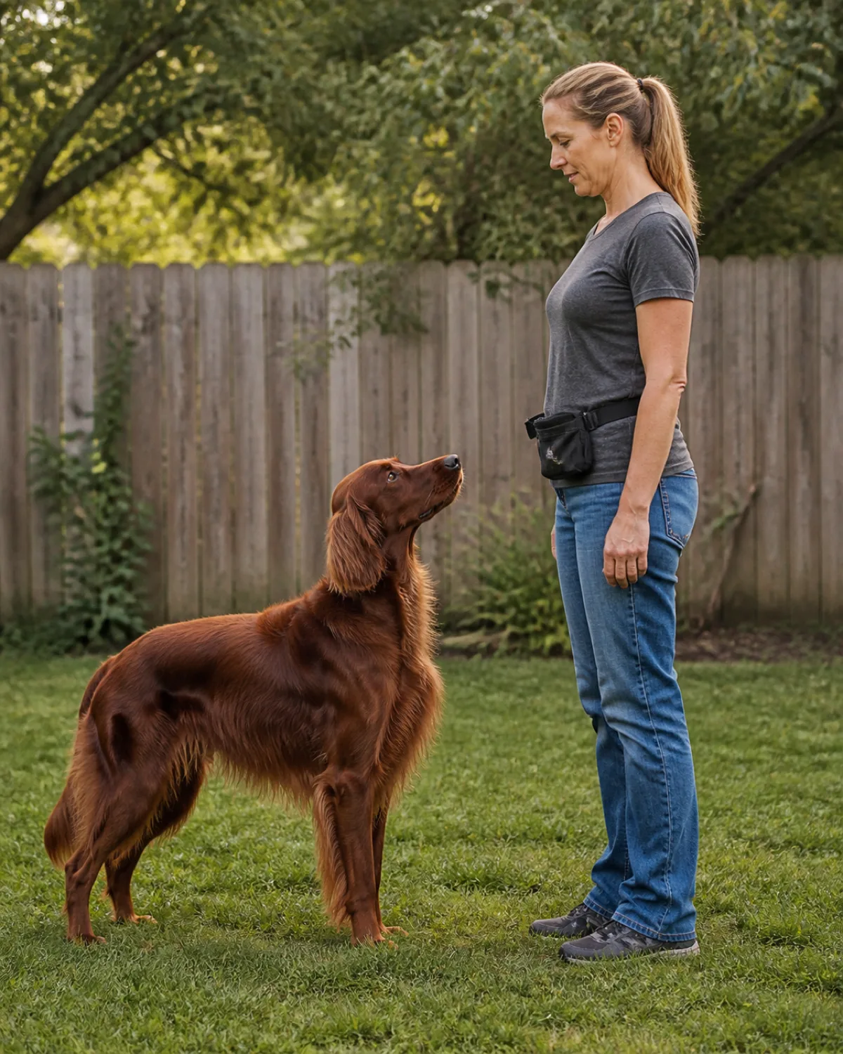 a large lean dog with a solid deep mahogany-red long silky feathered coat and long floppy ears watching a person who is standing upright with arms relaxed at their sides the dog looking at the person posture and face rather than their hands a training treat pouch visible on the person belt but hands empty grassy backyard with a wooden fence soft afternoon light