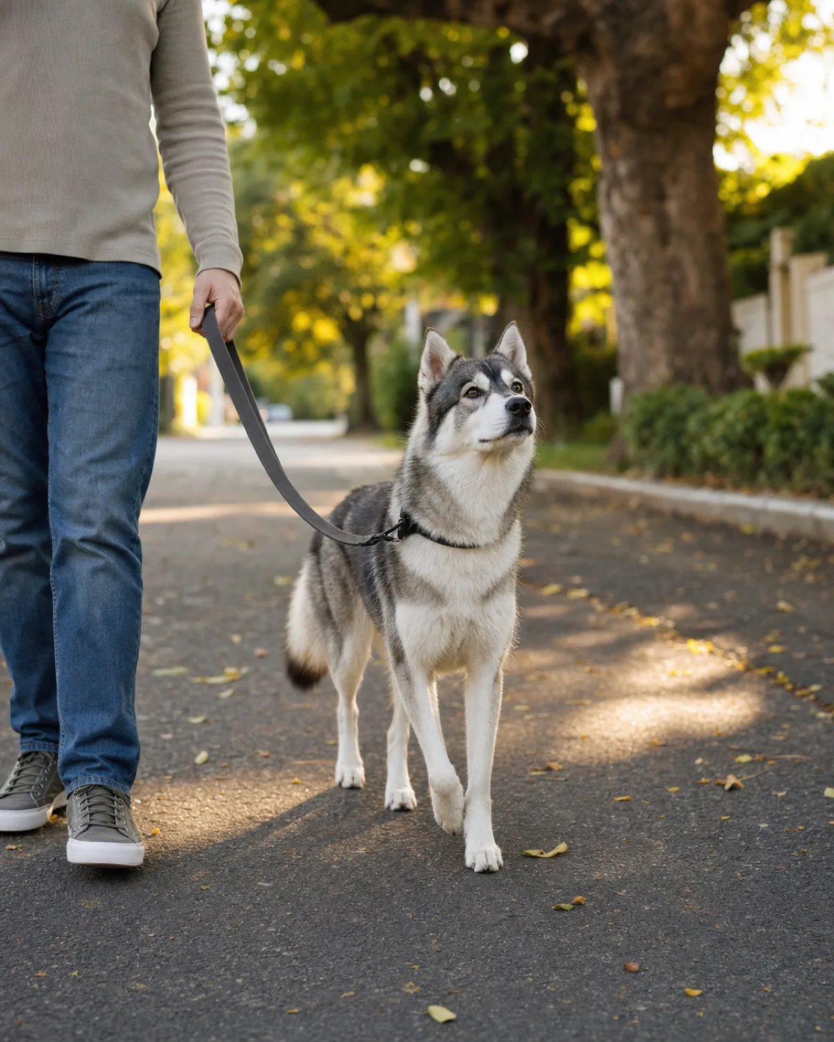 a medium athletic double-coated grey-and-white dog with a symmetric darker facial mask and erect triangular ears walking down a tree-lined side street with nose lifted