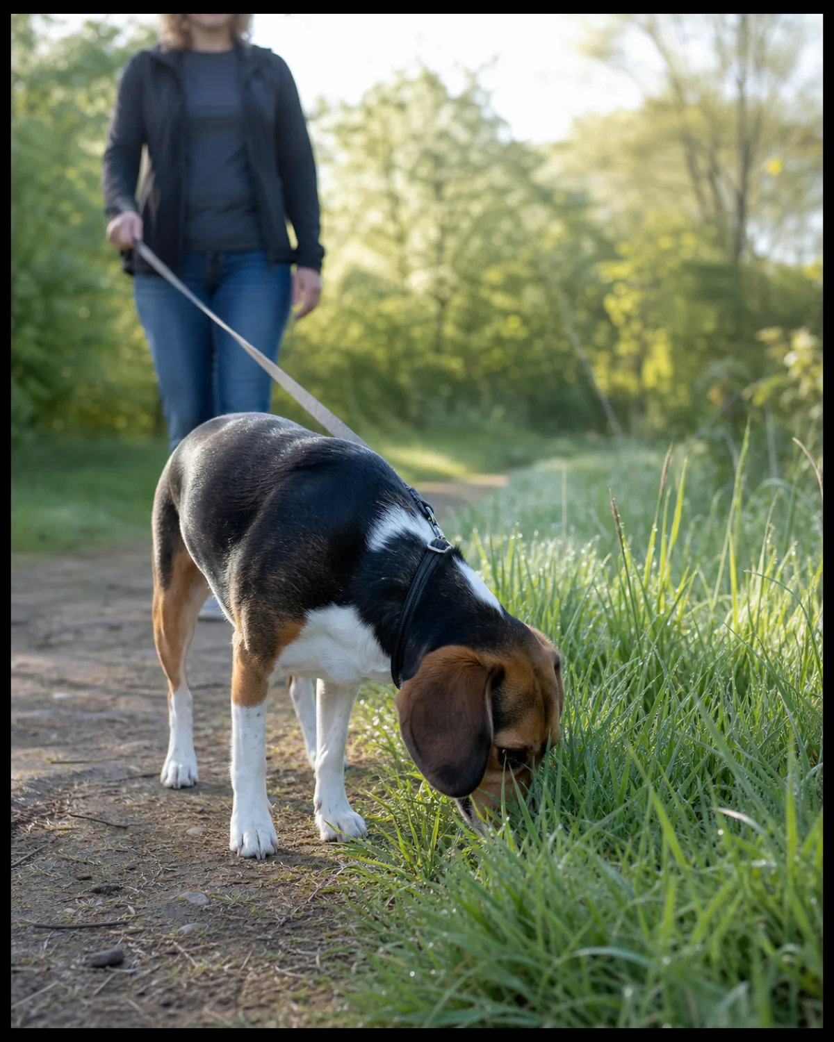 a small sturdy tricolor short-coated hound with long low-set floppy ears nose buried deep in tall grass along a park trail with leash extended