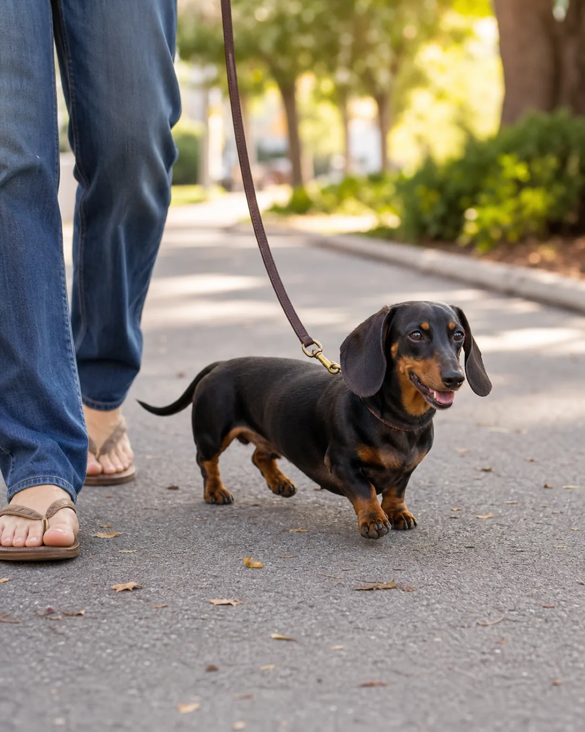 a small dog with a very long low body and very short legs a smooth black-and-tan coat and long floppy ears trotting at a comfortable pace on a paved path beside human feet