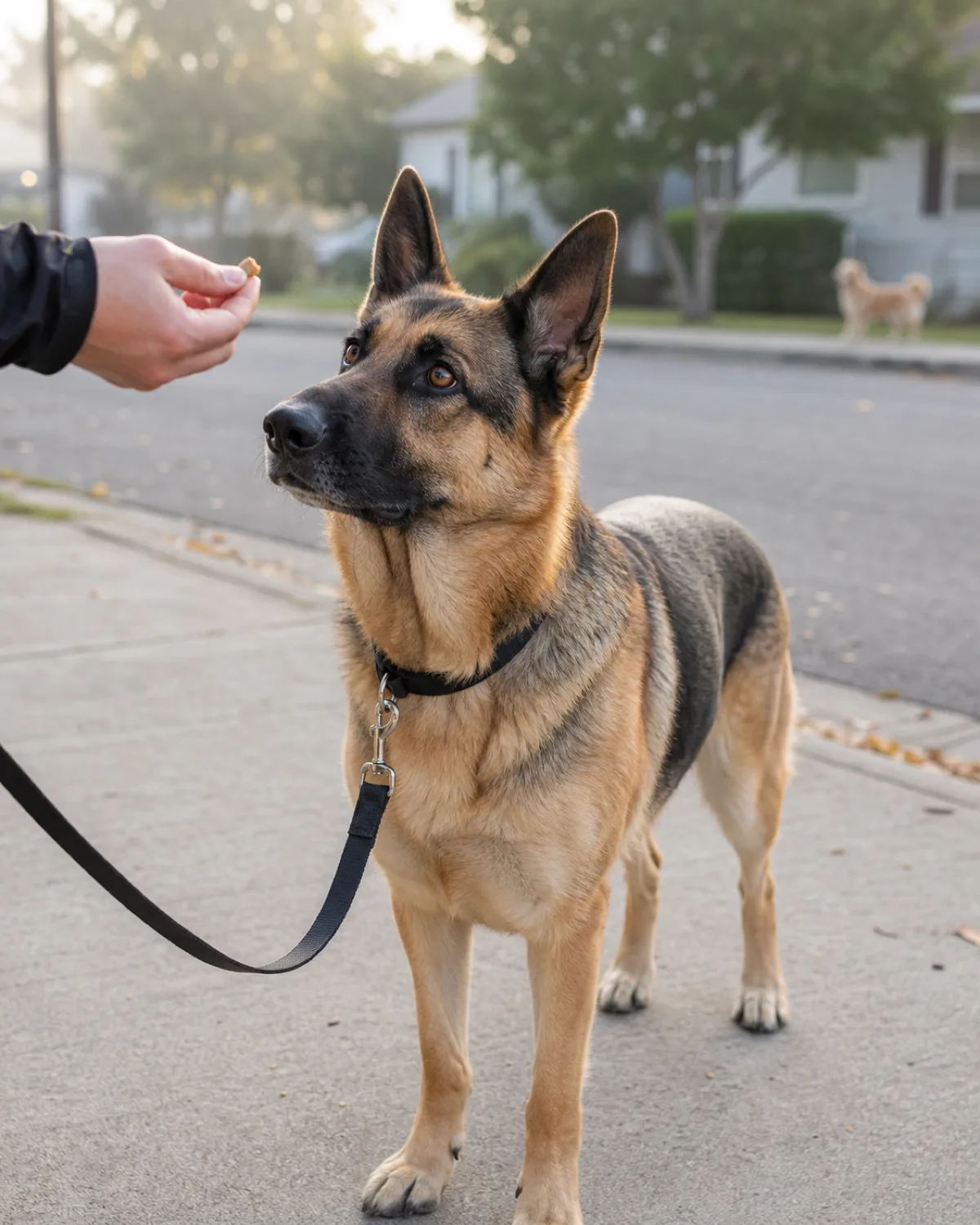 a large dog with a tan body and black saddle-and-mask medium coat and large upright pointed ears on leash being calmly redirected with a treat with another dog visible far in the background
