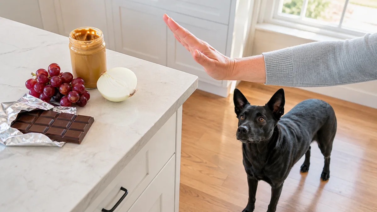 a solid black medium dog with a smooth coat and alert upright ears standing on a hardwood kitchen floor looking up at a countertop where a bar of dark chocolate a cluster of red grapes a halved white onion and a jar of peanut butter are arranged while a persons hand gently blocks the dog from approaching warm morning light