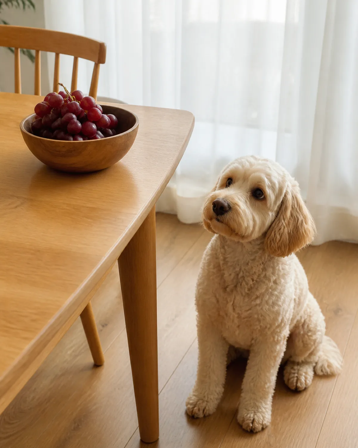 a medium cream colored curly coated dog with dark round eyes sitting on the floor beside a dining table with a wooden bowl of fresh red grapes warm afternoon light through sheer curtains