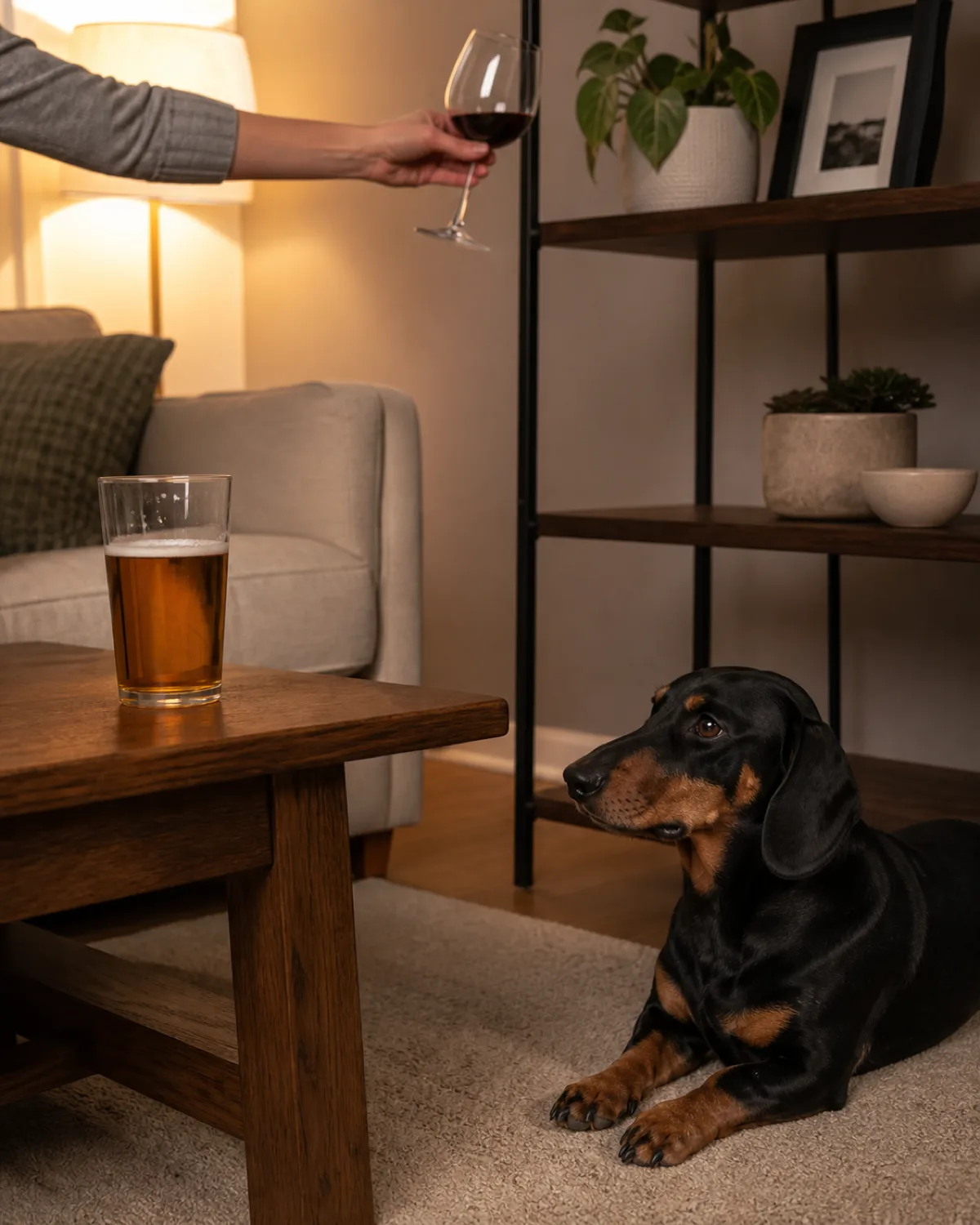 a smooth black and tan long low dog with floppy ears lying calmly on the floor beside a couch with a glass of amber beer and a wine glass on the coffee table while a persons hand moves one glass to a higher shelf warm evening lamp light
