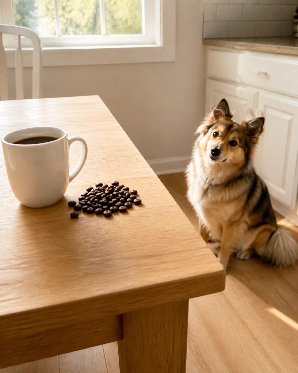 a sable and cream compact dog with a curled fluffy tail triangular upright ears and a fox like face sitting on the floor beside a kitchen table with a white coffee mug and scattered coffee beans head tilted warm morning light