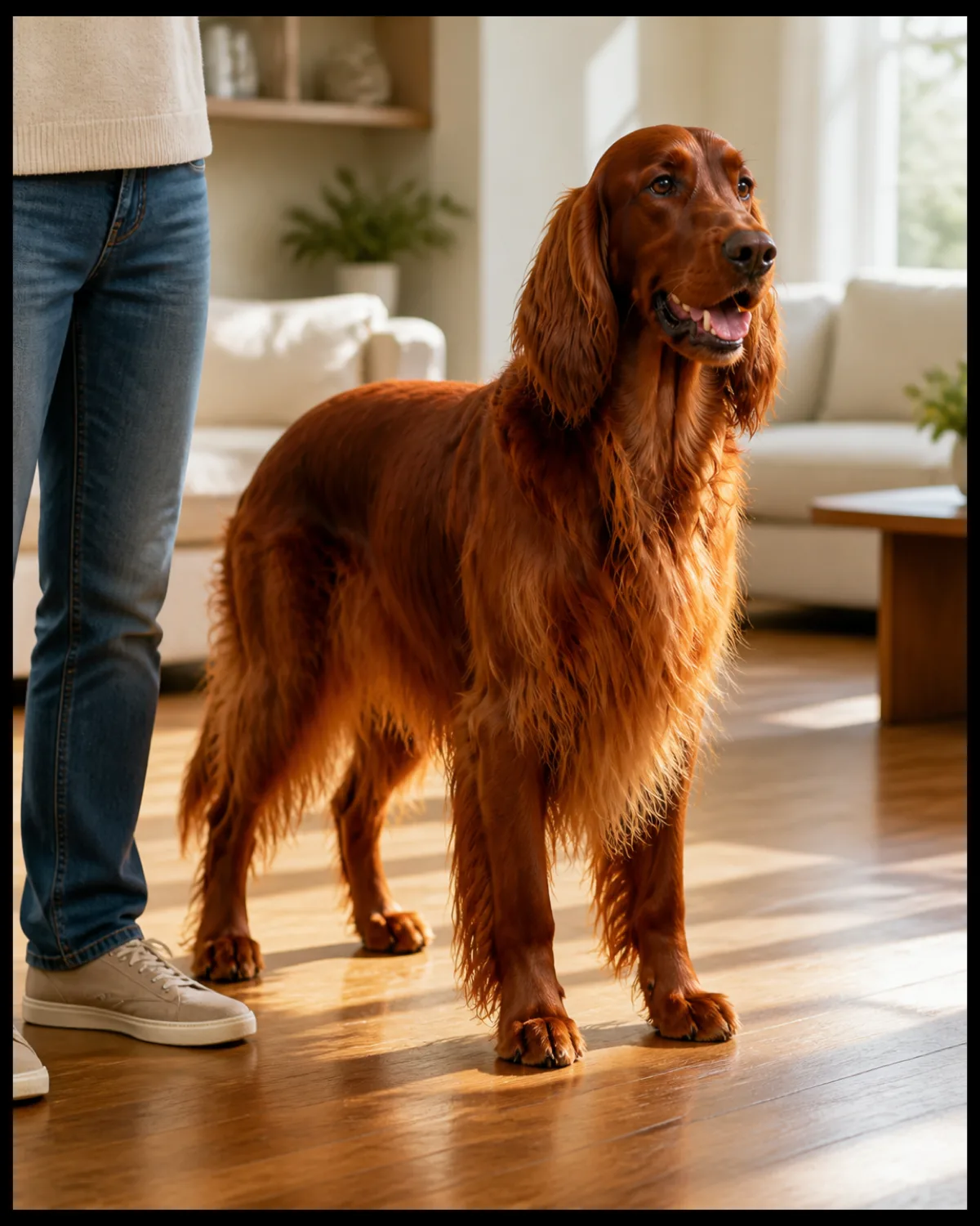 a large graceful dog with a flowing deep mahogany-red silky coat and long feathered ears standing confidently in a sunlit living room with coat freshly groomed and gleaming with a silky sheen and a proud relaxed expression with a persons legs visible standing beside the dog in warm golden afternoon light