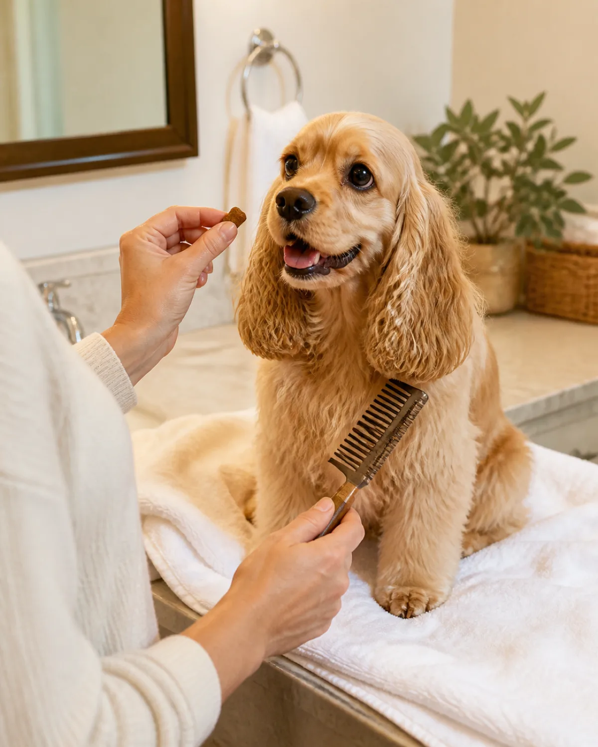 a small honey-tan silky-coated dog with long wavy ears and gentle dark eyes sitting on a fluffy white towel on a bathroom counter with a person holding a small training treat in one hand and a wide-tooth comb in the other while the dog looks eagerly at the treat with mouth slightly open in warm bathroom light