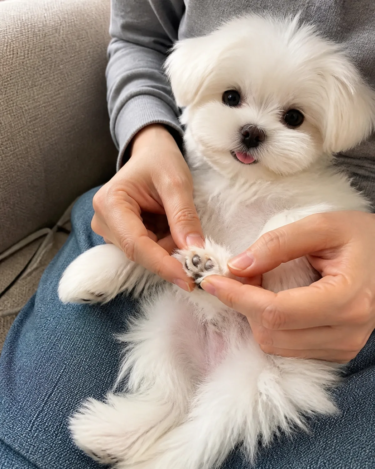 a small white fluffy puppy lying calmly on a persons lap on a couch the persons hand gently holding one tiny front paw and touching the toenails the puppy relaxed soft warm lamp light