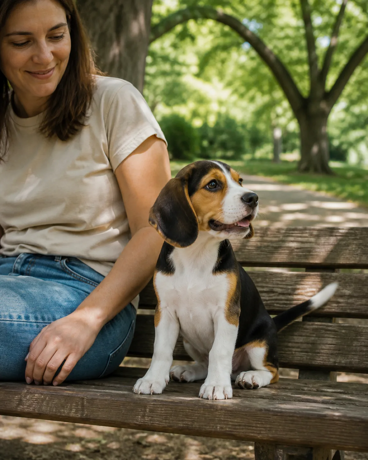 a small sturdy tricolor puppy with long floppy ears sitting on a park bench beside its owner looking around at the new environment with ears perked forward soft dappled sunlight