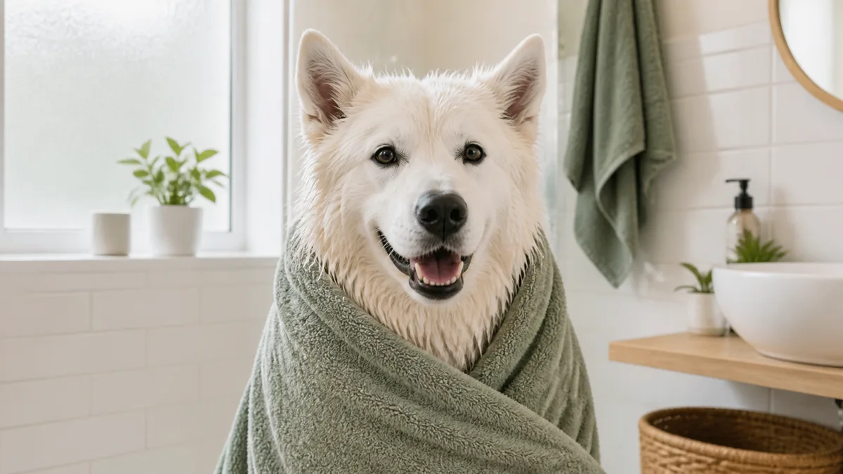 a large dog with a thick pure-white double coat wrapped in a sage-green microfiber towel in a bright modern bathroom looking relaxed and content