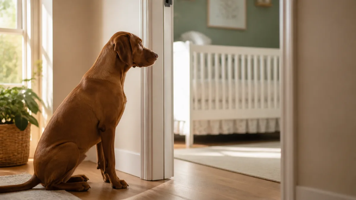 a medium-large sleek dog with a uniform rusty golden-brown short coat and floppy ears sitting calmly on a light hardwood floor in front of a partially open nursery doorway with a white crib visible through the door in warm morning light