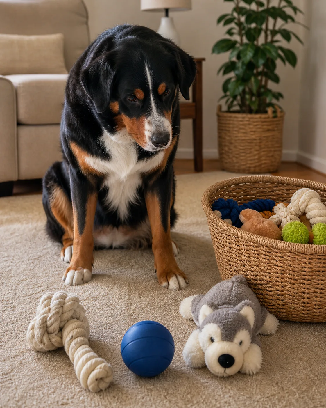 a large sturdy dog with a thick tricolor coat black body rust eyebrows and legs white chest blaze and floppy ears sitting on a carpet looking curiously at three toys neatly arranged in front a rope knot a rubber ball and a plush toy with an open storage basket beside the toys showing more toys inside warm indoor lighting