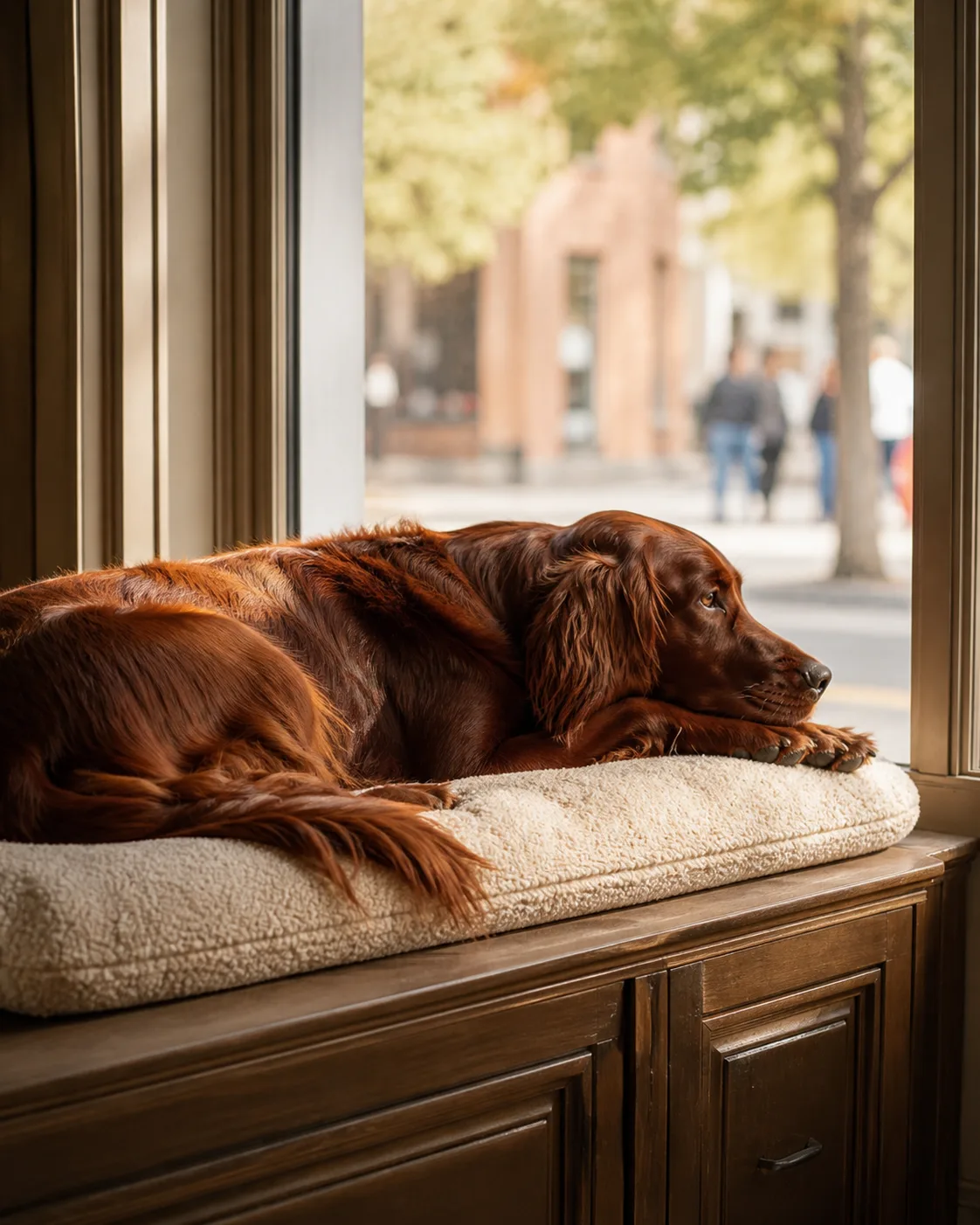 a large lean dog with a solid deep mahogany-red long silky feathered coat and long floppy ears lying on a cream dog bed on a low cabinet next to a large window chin resting on front paws gazing through the window at a blurred street scene warm afternoon light illuminating the red coat