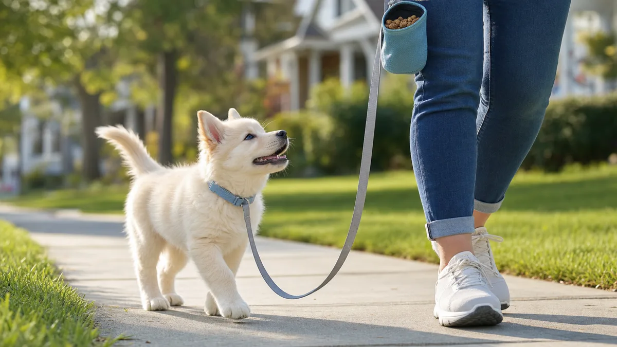 a small fluffy cream-white puppy with erect triangular ears and a curled tail walking beside the owner on a sunlit sidewalk, lightweight grey leash hanging in a relaxed J-shape, puppy looking up happily with mouth slightly open