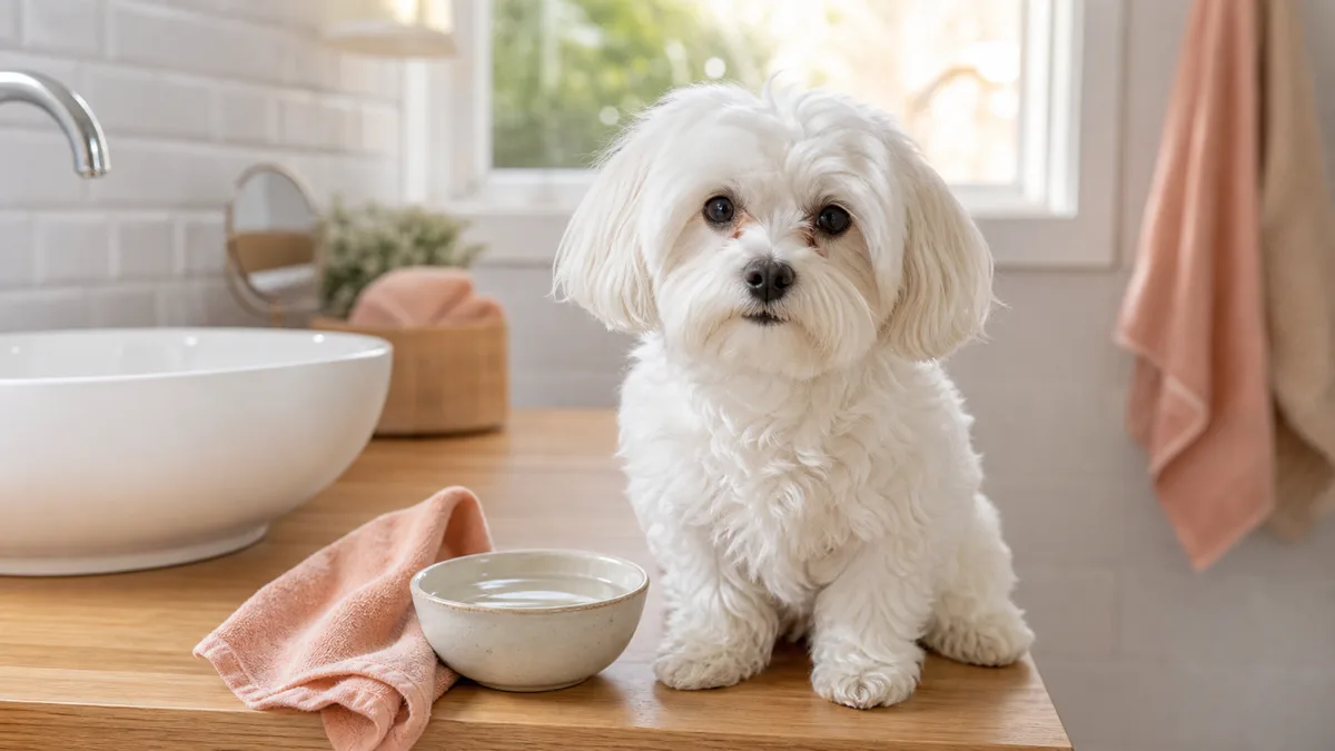 a small pure-white fluffy double-coated dog with dark round eyes and faint reddish-brown tear tracks sitting calmly on a light oak bathroom vanity counter beside a soft cloth and bowl of warm water in morning light