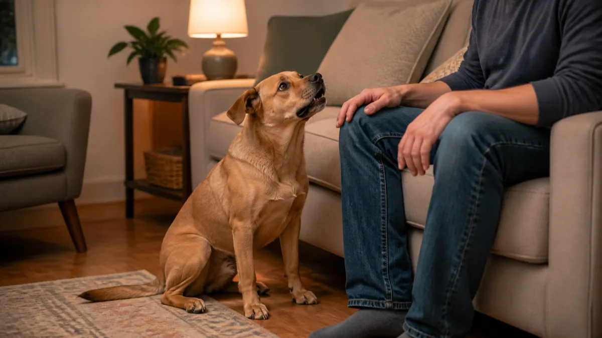 a medium dog with a smooth fawn coat dark expressive eyes slightly wrinkled brow and soft floppy ears sitting on a hardwood floor beside a couch head tilted slightly upward with mouth barely open in a gentle whining expression while a person sits on the couch looking down at the dog calmly warm living room light