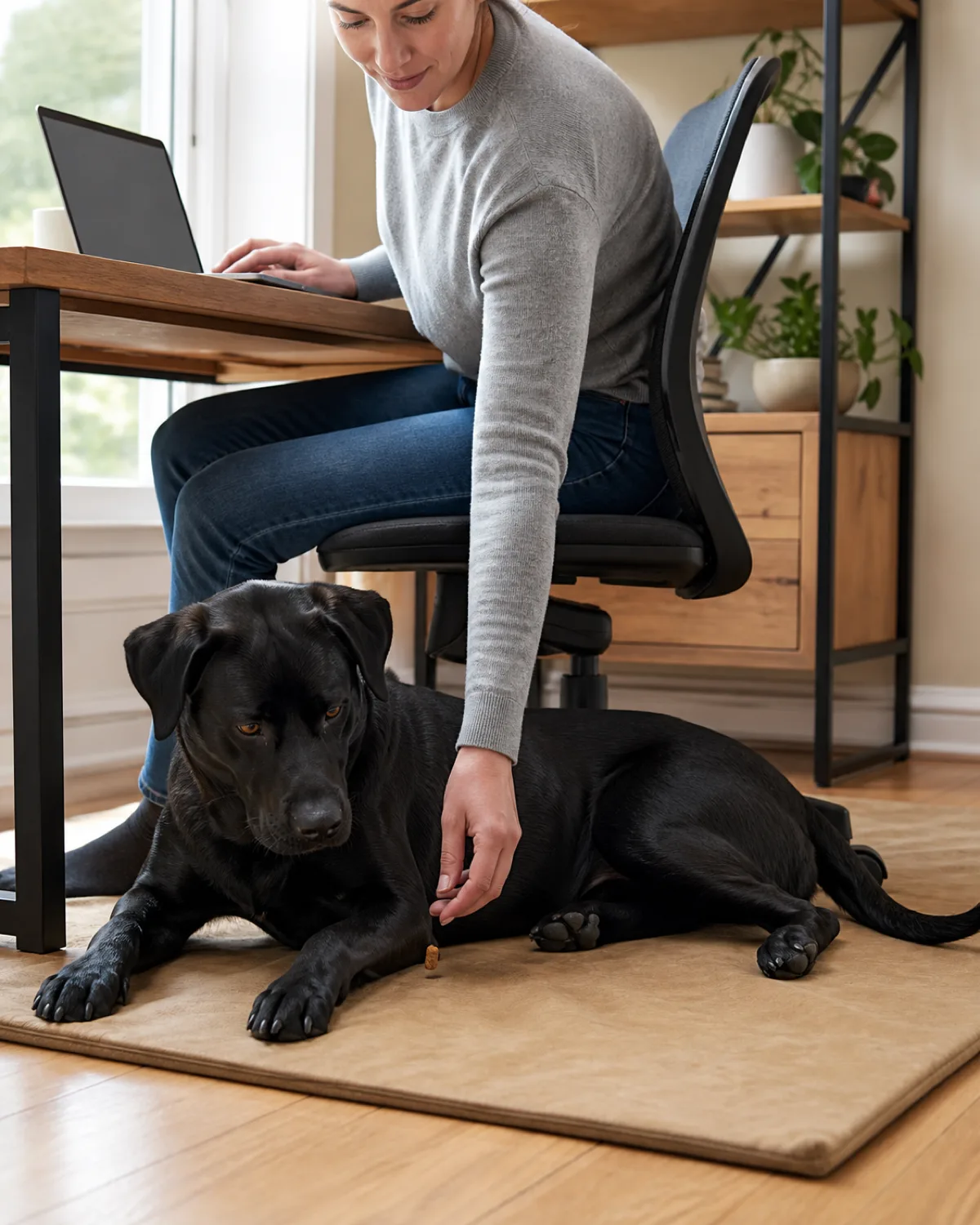 a large black dog with a glossy short coat broad chest and calm amber eyes lying in a relaxed sphinx position on a tan canvas mat on the floor beside a desk while a person sitting at the desk working on a laptop reaches down to place a small treat on the mat near the dogs paw bright natural light from a window