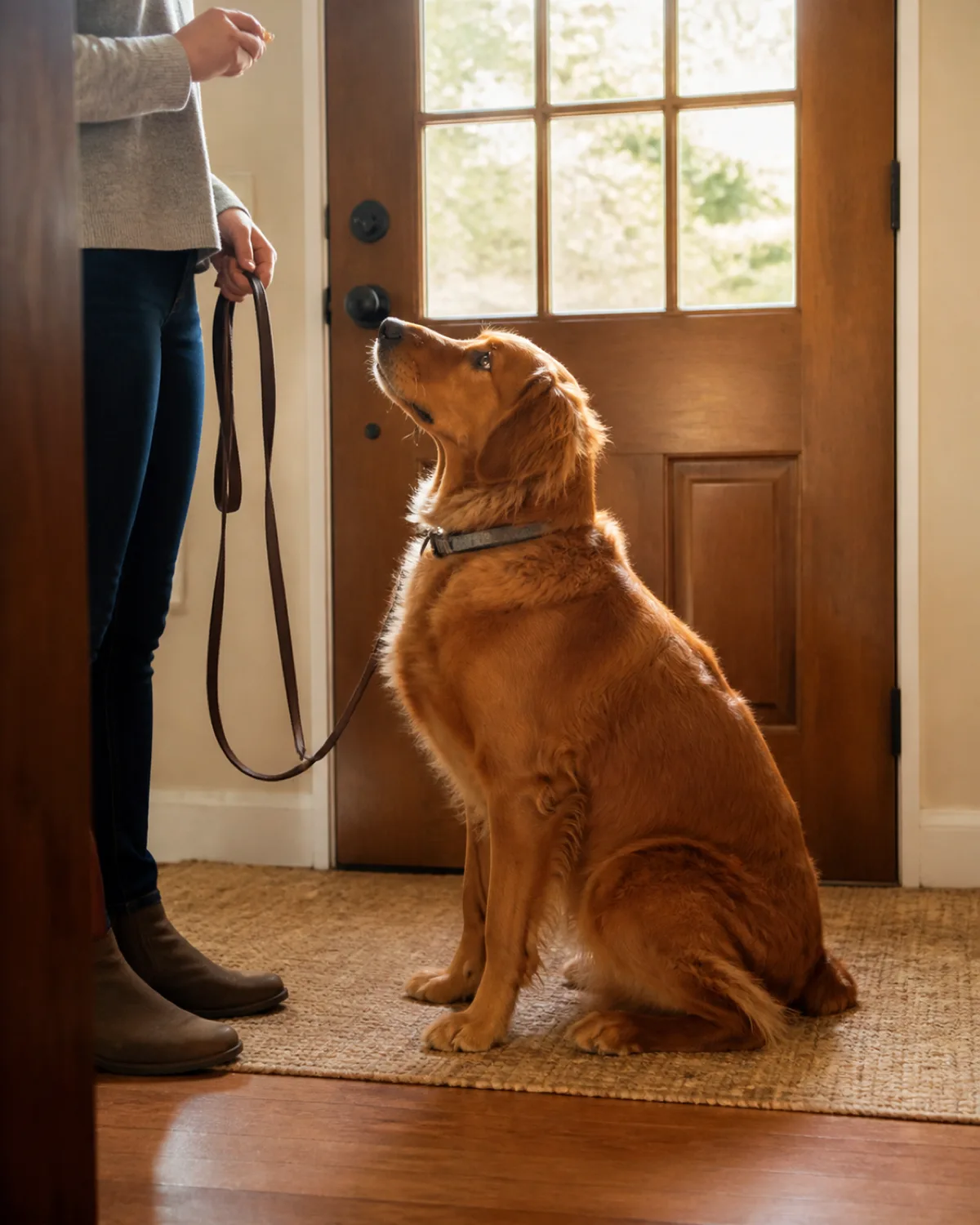 a large golden-red dog with a feathered wavy coat long ears and a noble profile sitting at a front door with all four paws on the floor looking up at a person holding a leash in one hand and a treat in the other the dogs mouth closed and expression focused and still warm afternoon light through the door glass