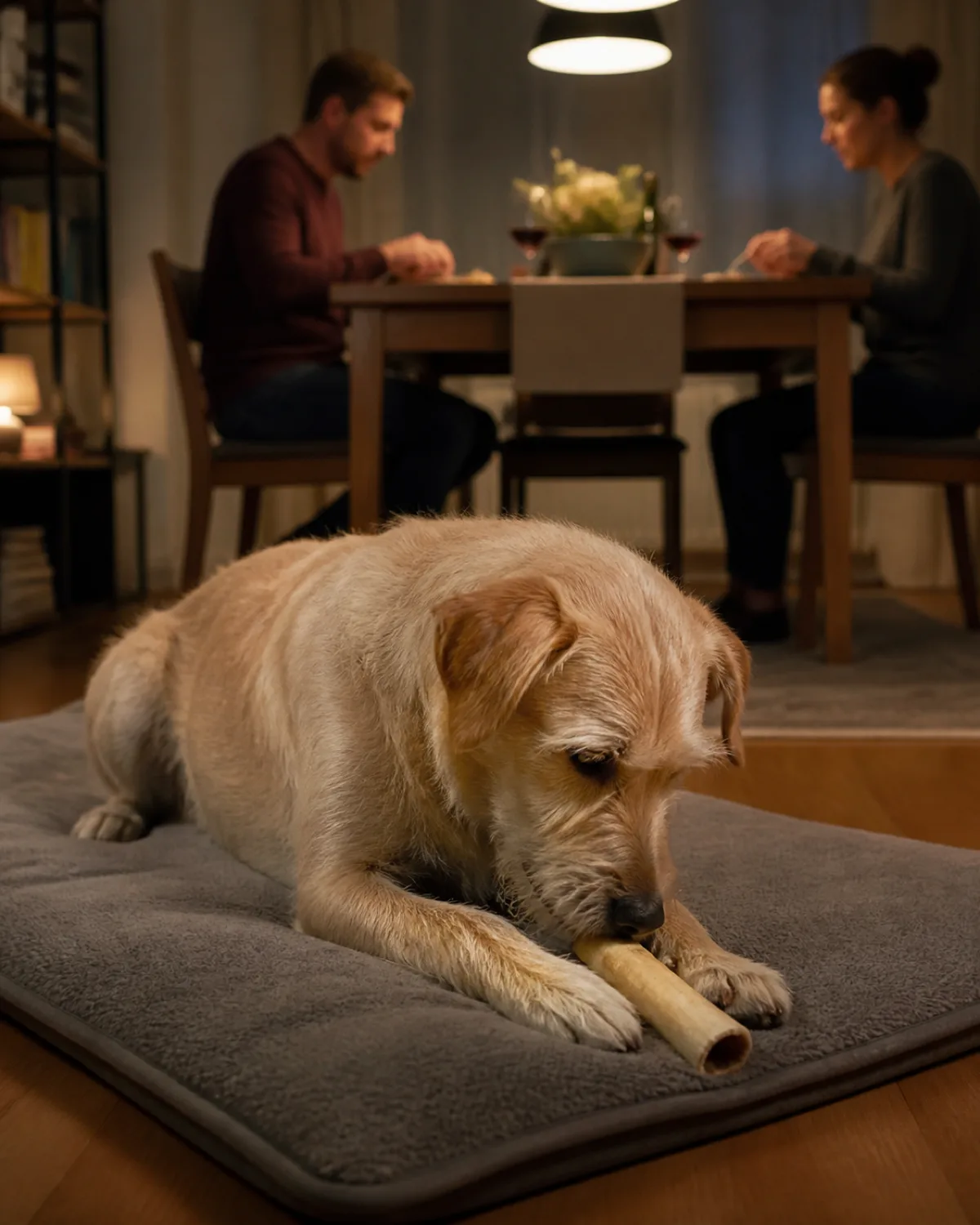 a medium sandy-blonde dog with a rough wiry coat bushy eyebrows and a relaxed posture lying on a dog mat in a dining area while two people eat dinner at a table in the soft background the dog has a chew bone between its front paws and is focused on the bone not the table warm evening dining light