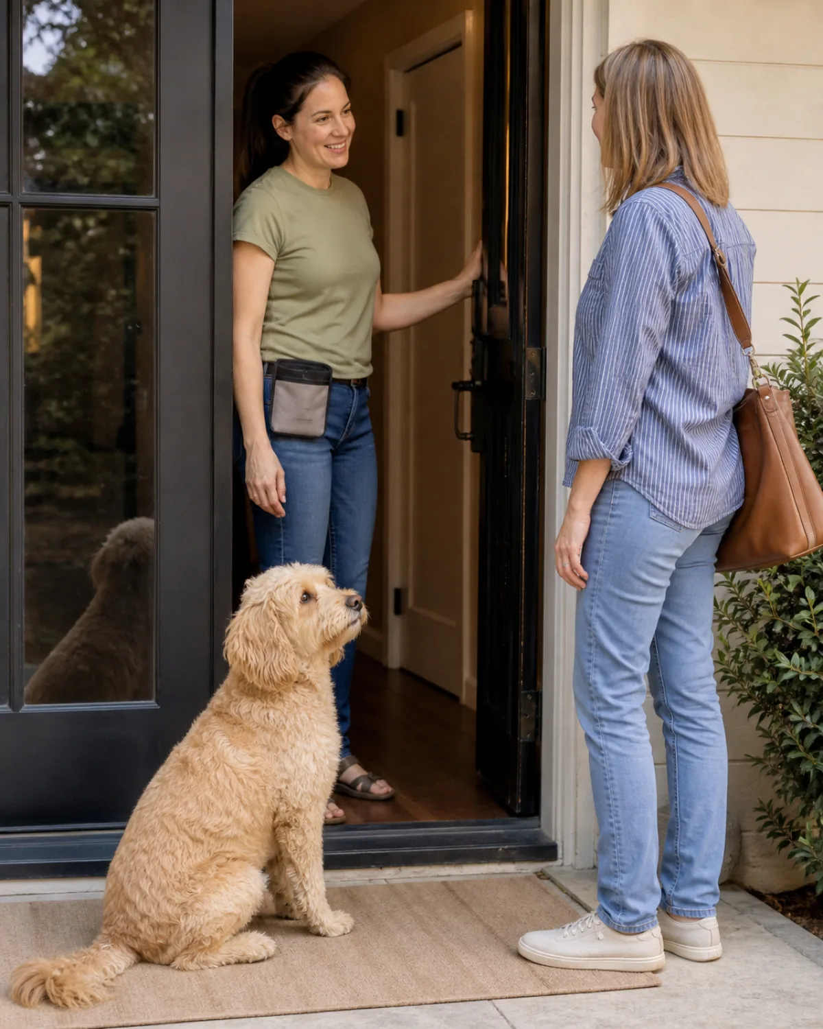 a medium apricot-cream dog with a soft wavy coat dark round eyes and a gentle expression sitting on a mat near the front door while a person stands in the open doorway greeting a visitor the dog looking at the visitor with ears forward but body relaxed and mouth closed a treat pouch visible on the persons belt warm afternoon light