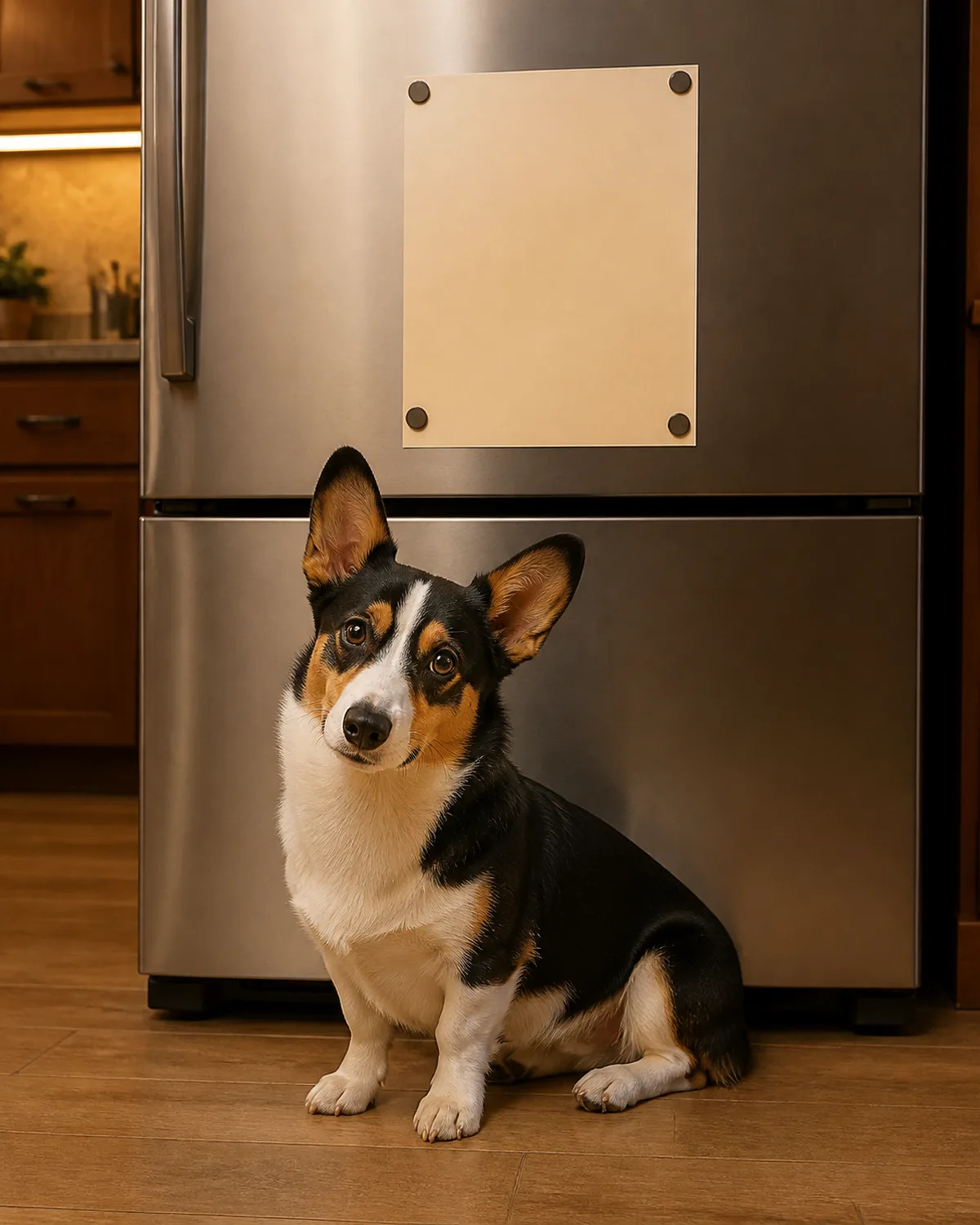 a small tricolor dog black white and tan with a long body short legs large upright ears and a foxy face sitting on a kitchen floor in front of a refrigerator a hand-written list of rules posted on the refrigerator with magnets the dog sitting below looking up at the list with a curious head tilt warm kitchen overhead lighting