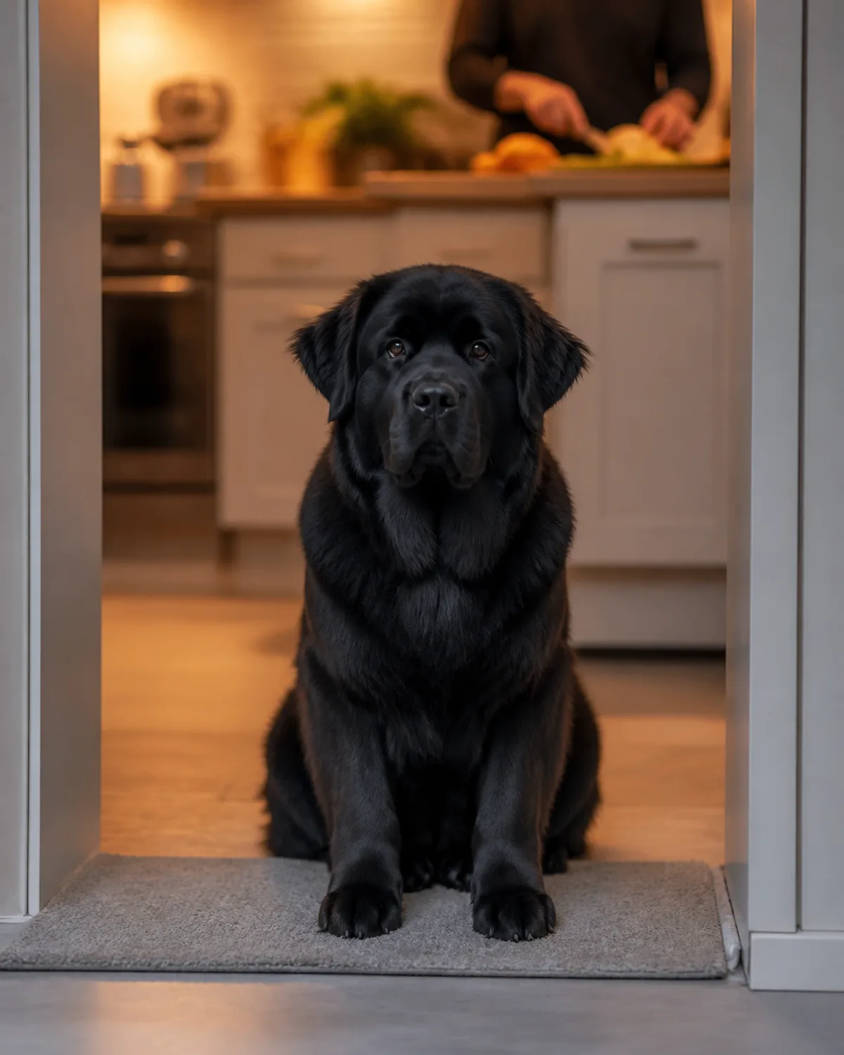 a large solid-black dog with a thick double coat broad head dark eyes and a calm dignified expression sitting obediently just outside a kitchen entrance on a light grey runner mat that forms a visual boundary front paws precisely at the mat edge not crossing into the kitchen blurred kitchen counter visible with a persons hands preparing food warm kitchen lighting