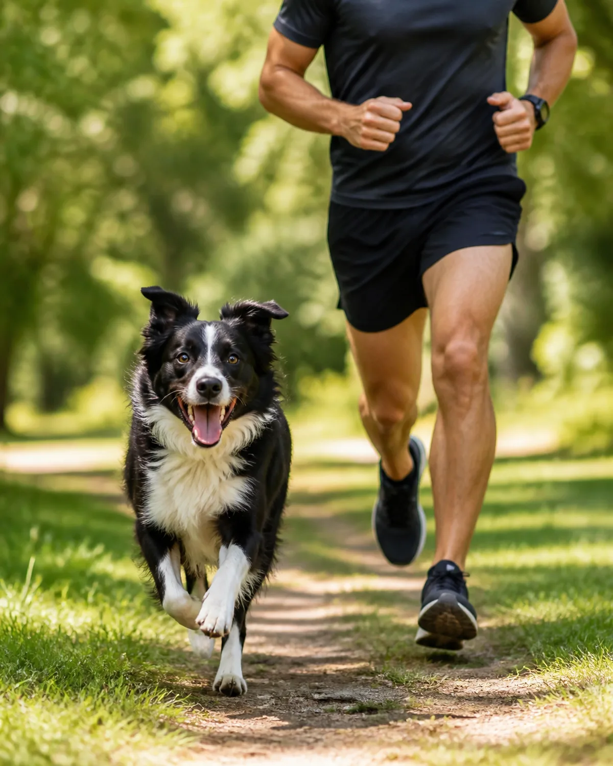 a medium athletic black and white dog with a white blaze and semi-erect ears running alongside a person on a grassy park trail both in mid stride the dogs tongue out and ears back with joy bright sunny day green trees