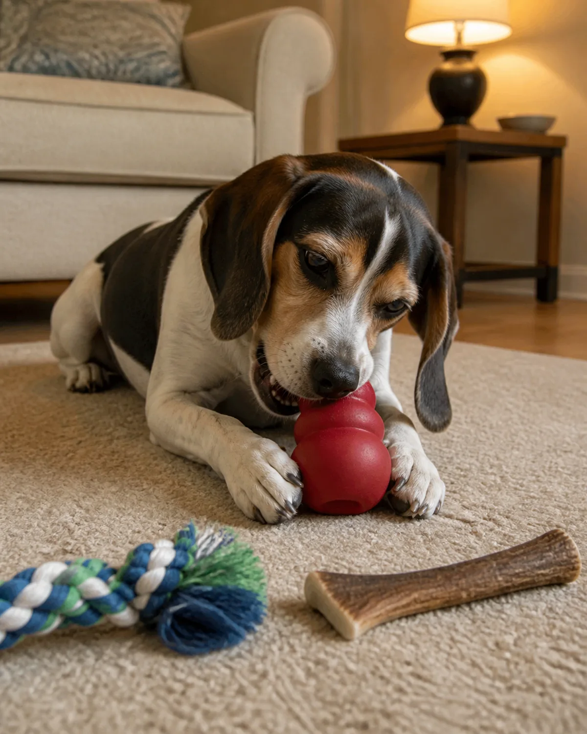 a small tricolor black white and tan short-coated hound with long floppy ears lying on a beige rug contentedly chewing on a red rubber Kong toy held between front paws with a braided rope and brown antler nearby warm lamp light