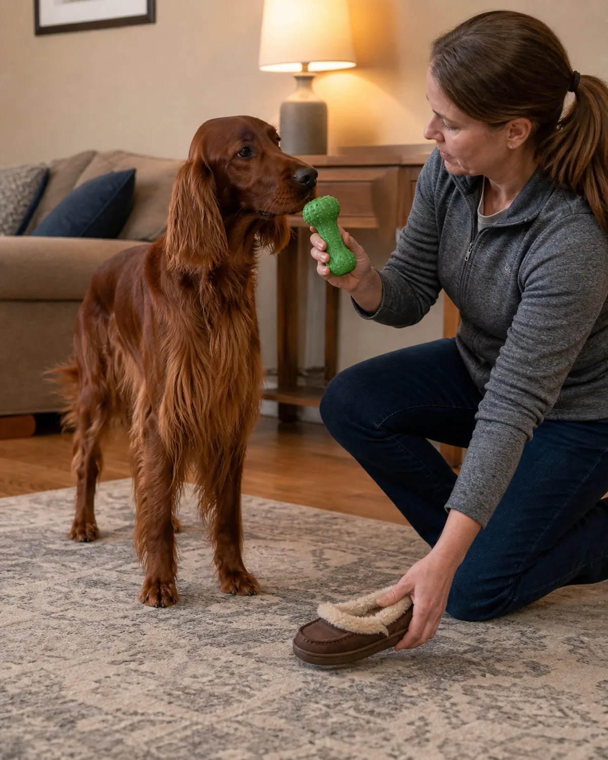 a large lean deep mahogany-red long silky feathered coat dog with floppy ears standing in a warm living room while a person crouches beside them calmly moving a slipper away and extending a green rubber chew toy toward the dog